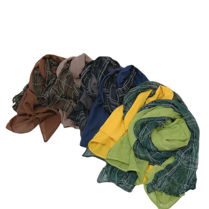 New Vintage Cotton Linen Patchwork Hit Color Japanese Women Scarf Stylish Warm Pleated Autumn Winter Scarf Shawl