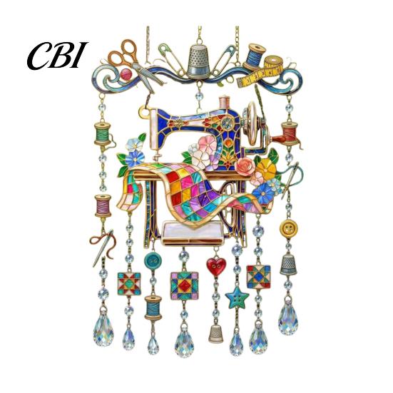 Decorative Pendant for Craft Room Vintage Sewing Machine Crystal Wind Chime, Acrylic Outdoor Hanging Suncatcher, Style Artistic Ornament Colorful