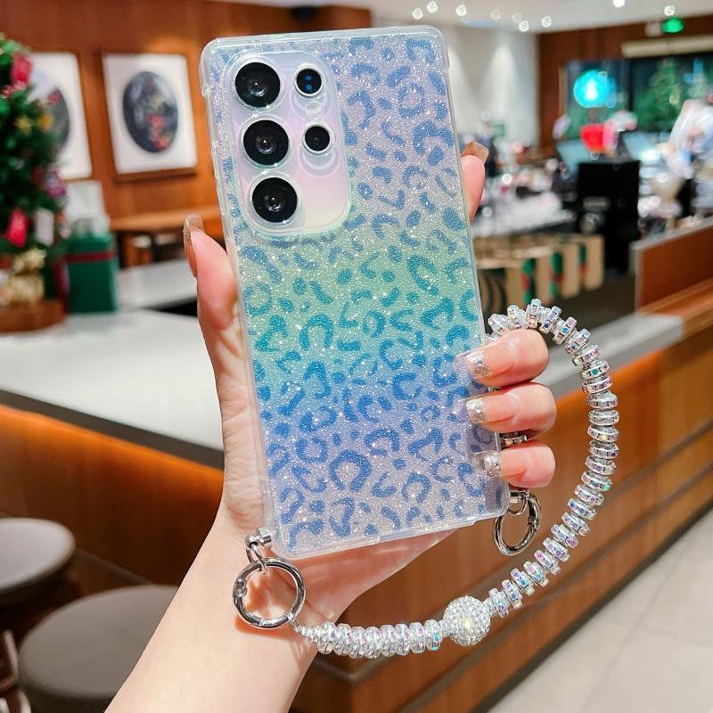 For Samsung Galaxy S23 Ultra Case Gradient TPU Phone Back Cover with Glitter Card Rhinestones Decor Strap