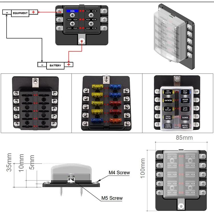 Universal Car Boat 10 Way 6 Way Blade Fuse Terminal Block Car Track Fuse Holder Box Wiring Power Connector Switch with Light 12V
