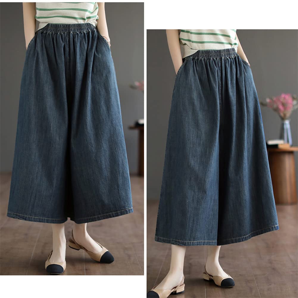 BEIBANG Denim Gaucho Pants with Elastic Cropped Casual Simple Plus Summer 24 Dark Women's Wide-Leg Waist, Pants, Bottoms, Style, Sizes, (Size Blue)