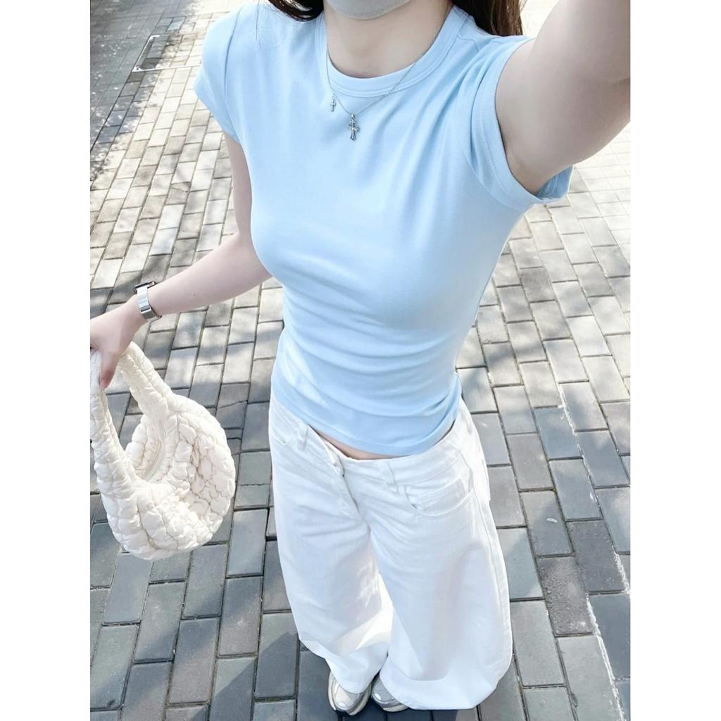 Ins Commuter Light Blue Waist T-Shirt Women's Summer Front Shoulder Skinny Top Versatile Crew Neck Bottom Shirt Short Sleeve