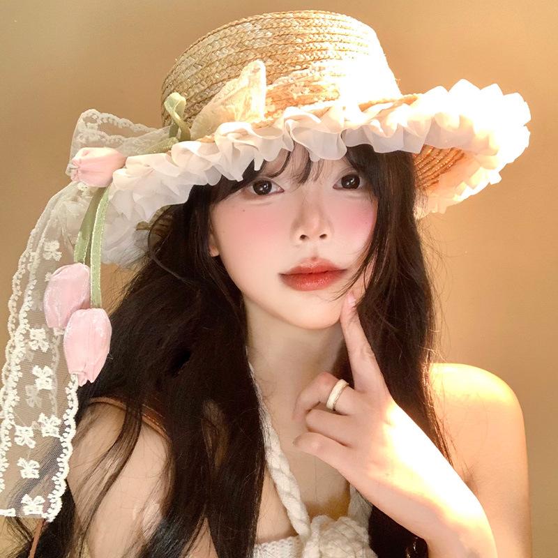 Straw Hat Women's Summer Sun Protection Hat Big Brim Sun Hat Seaside Vacation Beach Sun Hat Streamer Bow Cool Hat