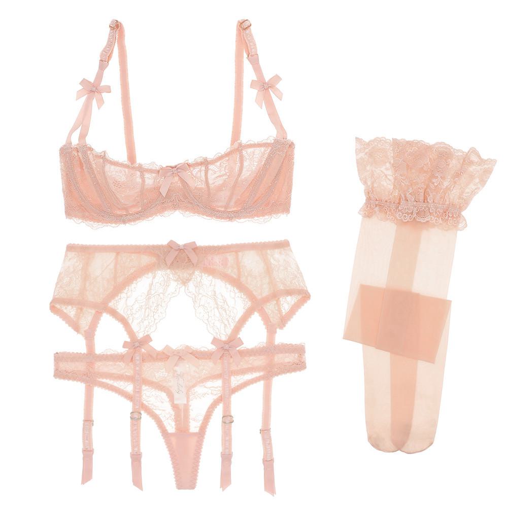 Sexy Lace 4-piece Lingerie Set - Women's Bra, Panties, Garter, Stockings
