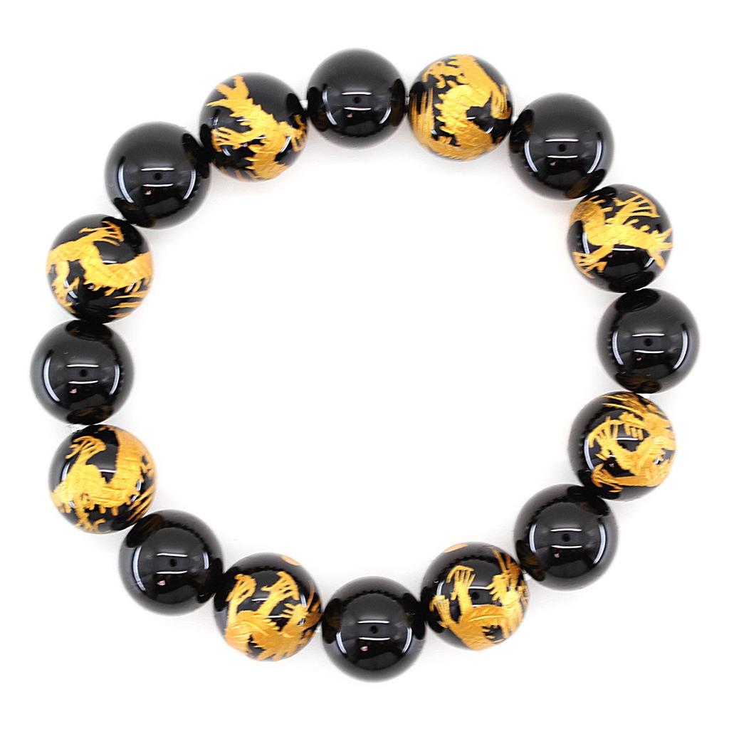 Onyx 12mm Zlatý Vyřezávaný Císařský Drak Onyx 12mm Náramek z Energetických Kamenů [Sekihui] [b434]