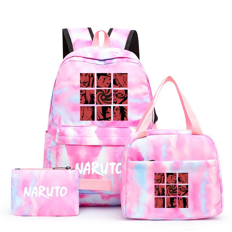 3Pcs/set Anime Naruto Canvas Backpack for Girl with Lunch Bag Pen Case Backpack Student Back To School Backpack Rucksack Mochila