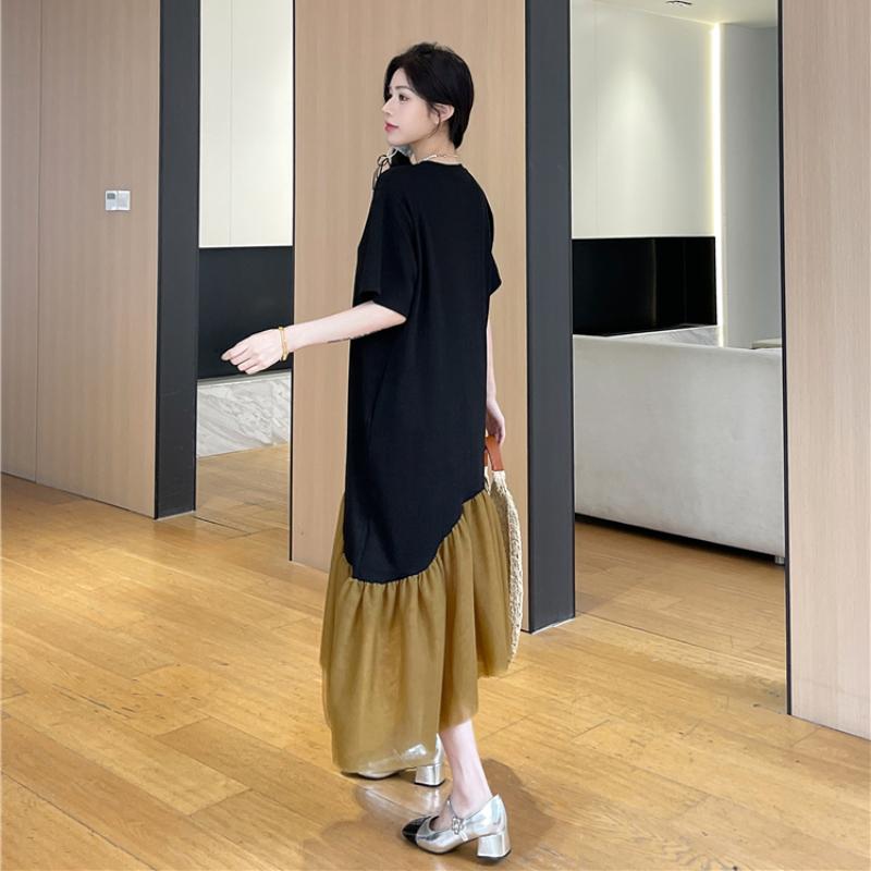 Dimanaf 2025 Summer Plus Size Dress Women Casual Vintage Spliced Dress Basic Loose Long Short Sleeve Dress Cotton