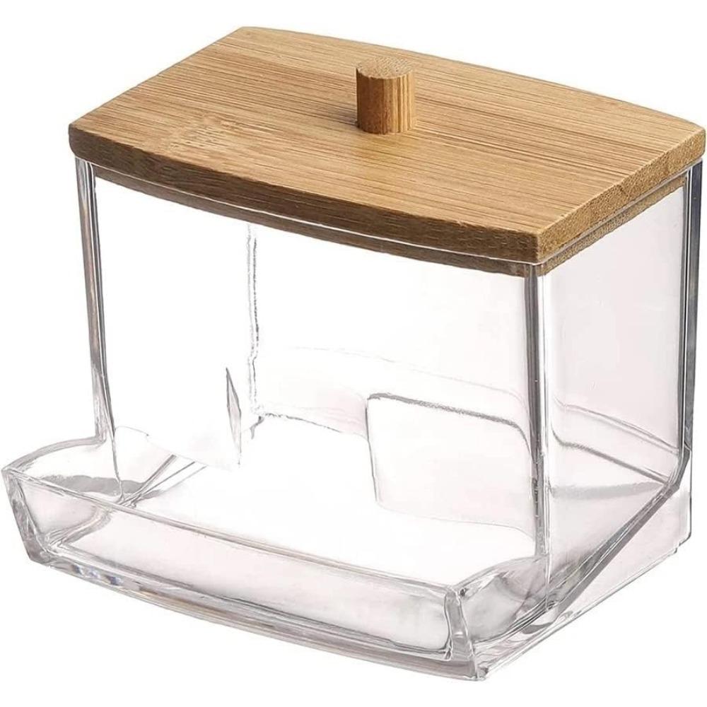 

Акриловый ящик для хранения Банка для ванной комнаты Коробка для хранения косметики Коробка для ватных палочек Коробка для ватных палочек Диспенсер с крышкой из бамбукового дерева