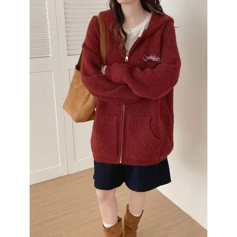 

Винтажный кардиган на молнии с капюшоном, вышитый, вязаный, новый, свободный, повседневный, в стиле ленивого ветра, свитер-куртка женский на осень и зиму One size красный