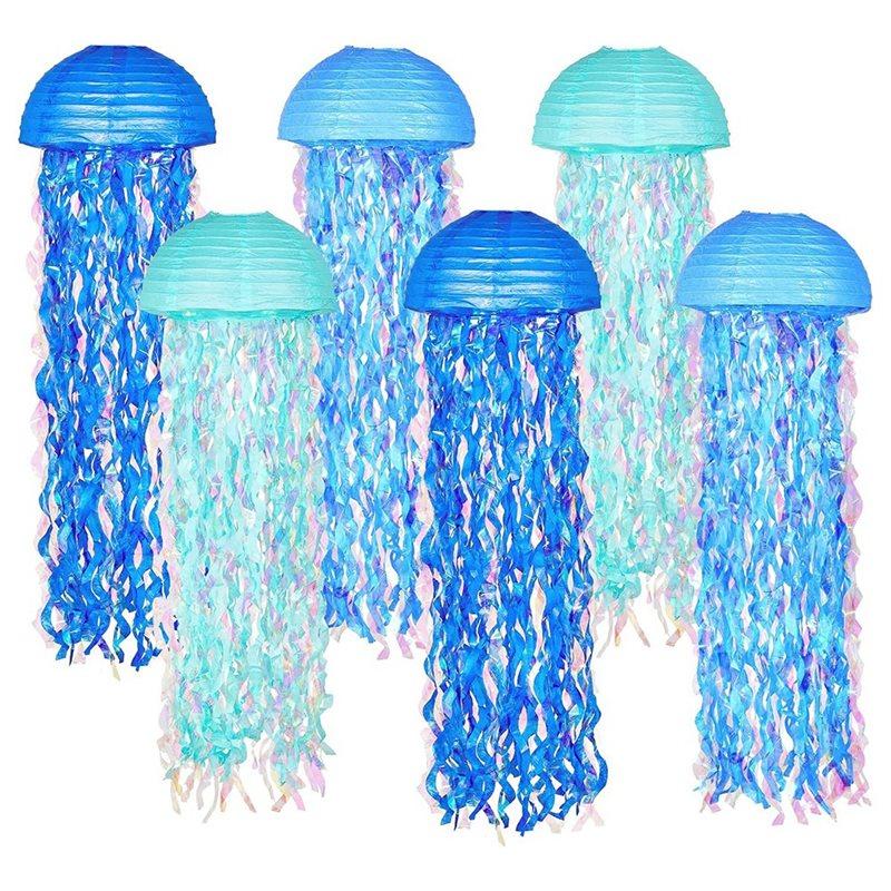 A74E-For Under The Sea Party& Mermaid Birthday Blue Hanging Jellyfish Paper Lanterns, Decoration Set Of 6