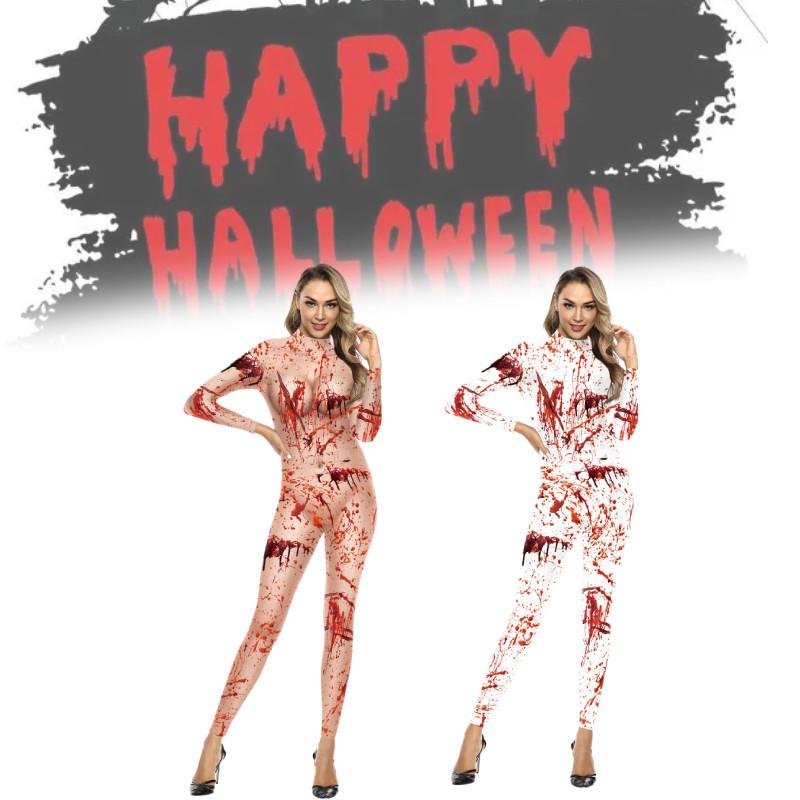 Trendy 2024 European And American Style Women's Halloween Jumpsuit With Bloodstain Digital Print Design