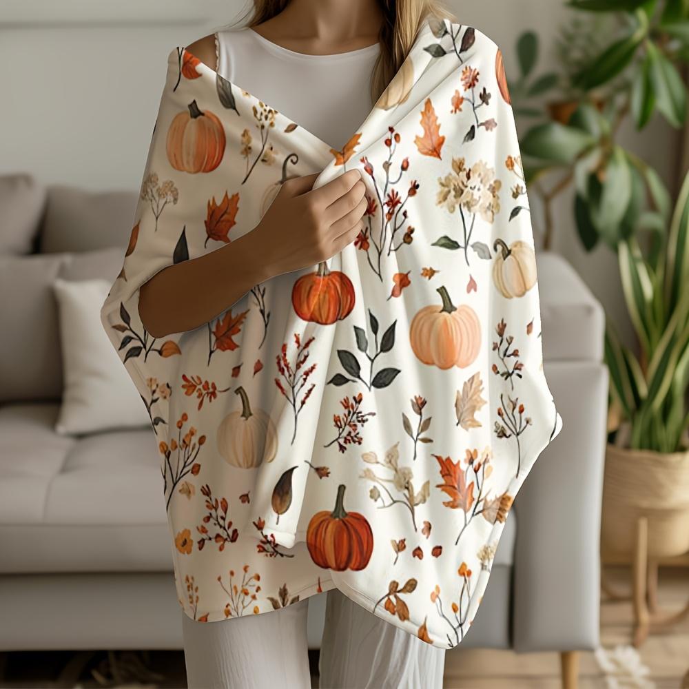 1 Pc Four Season Flannel Blanket Soft Beige Pumpkin Autumn Leaf Prints Light Sofa Bed Decor Holiday Gift Machine Washable Retro