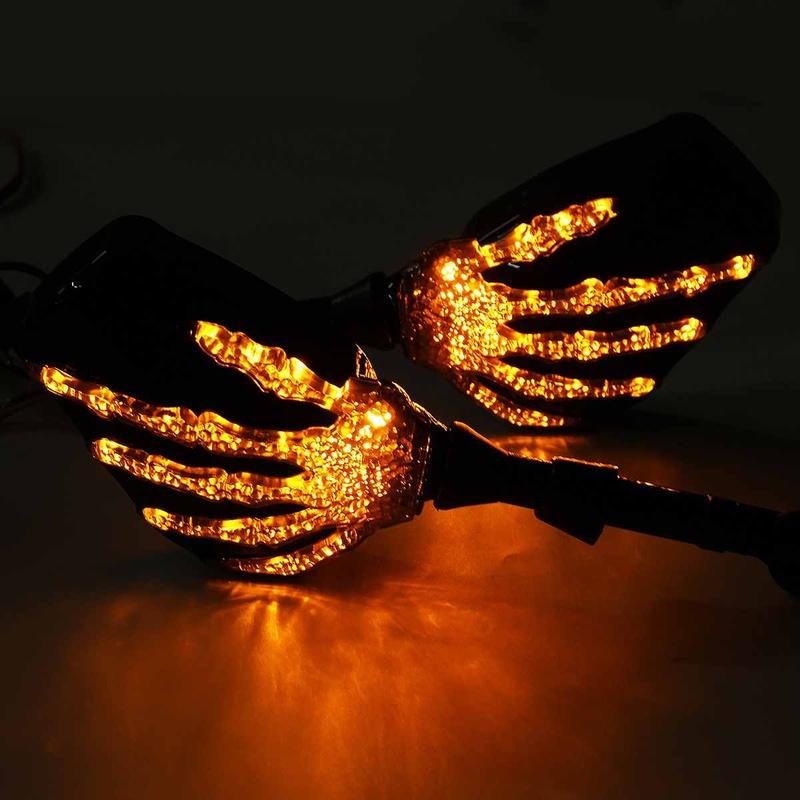 1 Pair Motorcycle Mirror Skeleton View Mirrors Elctric Bright Skull Hand Claw Side Rear  LED Turn Signal Light 8mm 10mm Universal