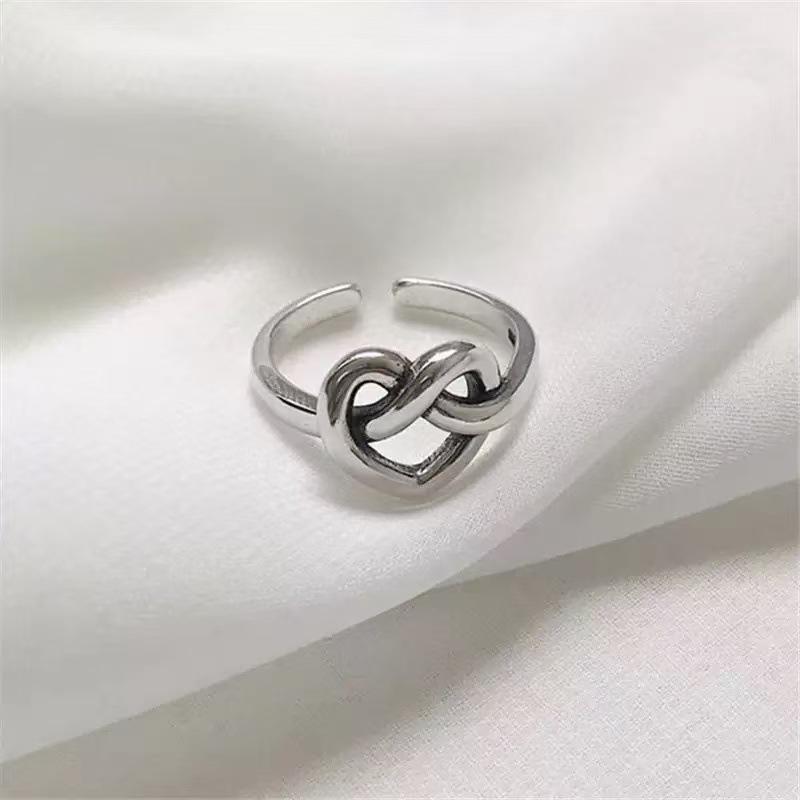 Korean Style Retro Distressed Silver Love Knot Heart Ring for Women