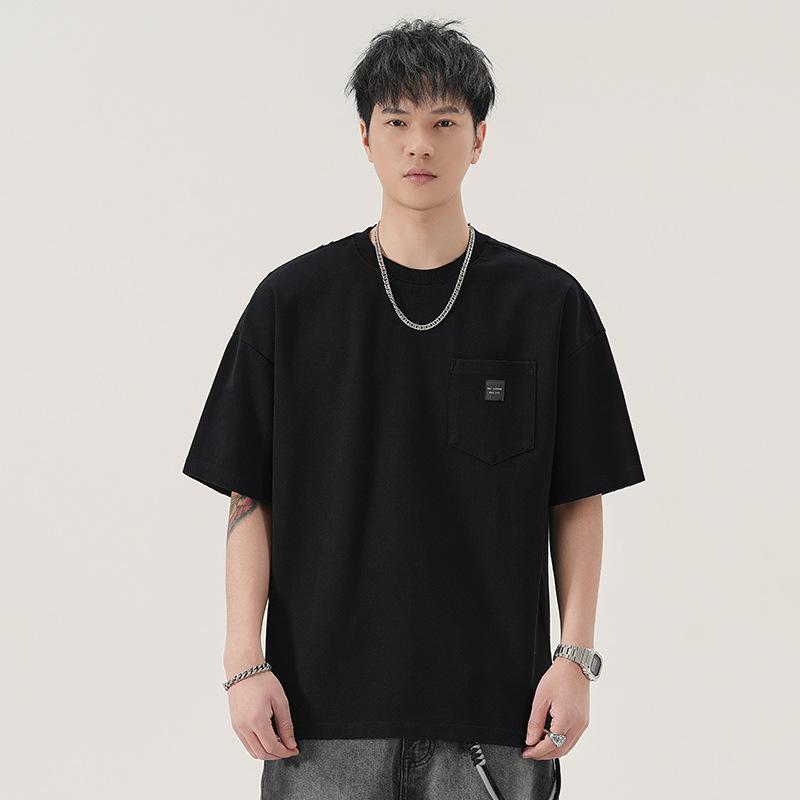 Chest Pocket Short Sleeve Heavy 300g Loose Casual and Versatile Shoulder Line Wear T-shirt for Men