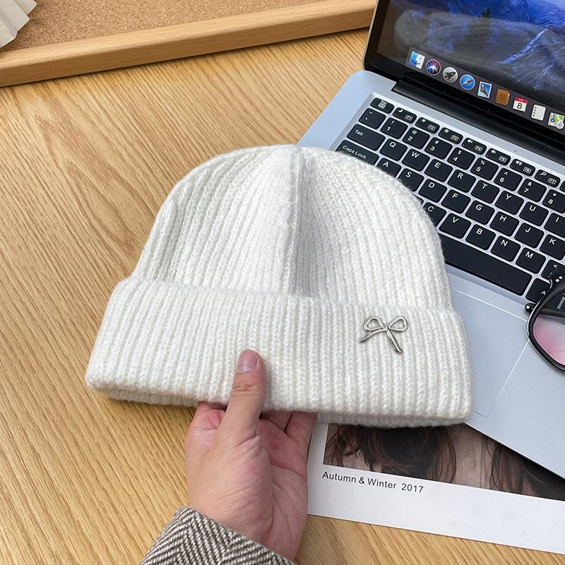 Korean Style Simple and Versatile Bow Knitted Hat Autumn and Winter Outdoor Warm and Cold Proof Woolen Hat Showing Face Small Baotou Cold Hat