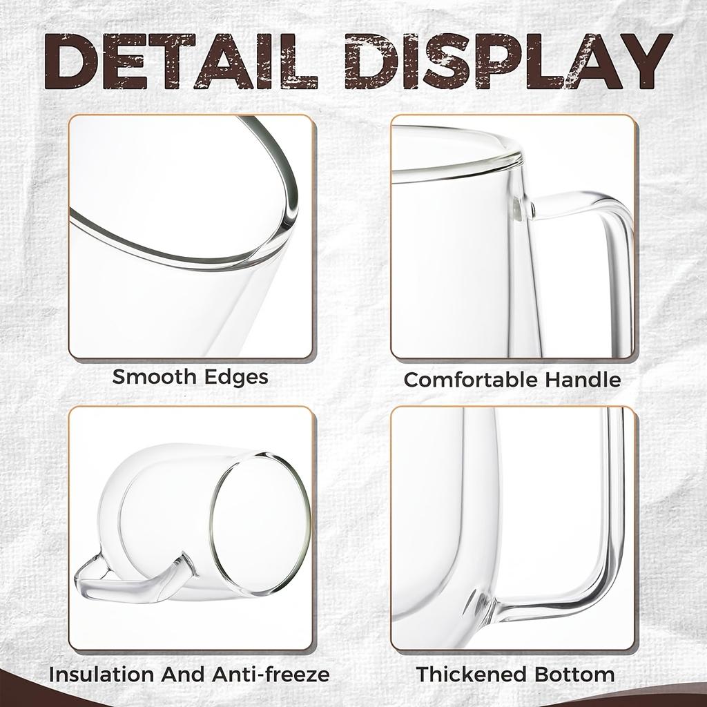 2 Pack Glass Coffee Mugs - Double Wall Insulated Mug Set with Handle, Tea Latte Cappuccino Cup for Latte, Macchiato, Americano