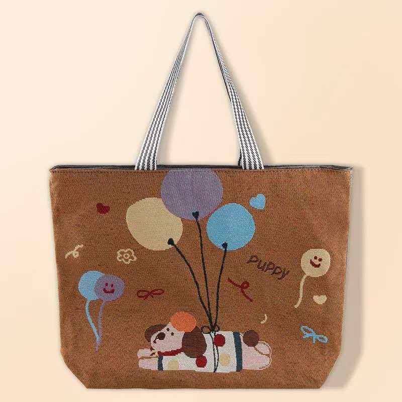 

Casual Canvas Shoulder Bag with Embroidery - Large Capacity Cartoon Tote & Handbag 43x38x10cm