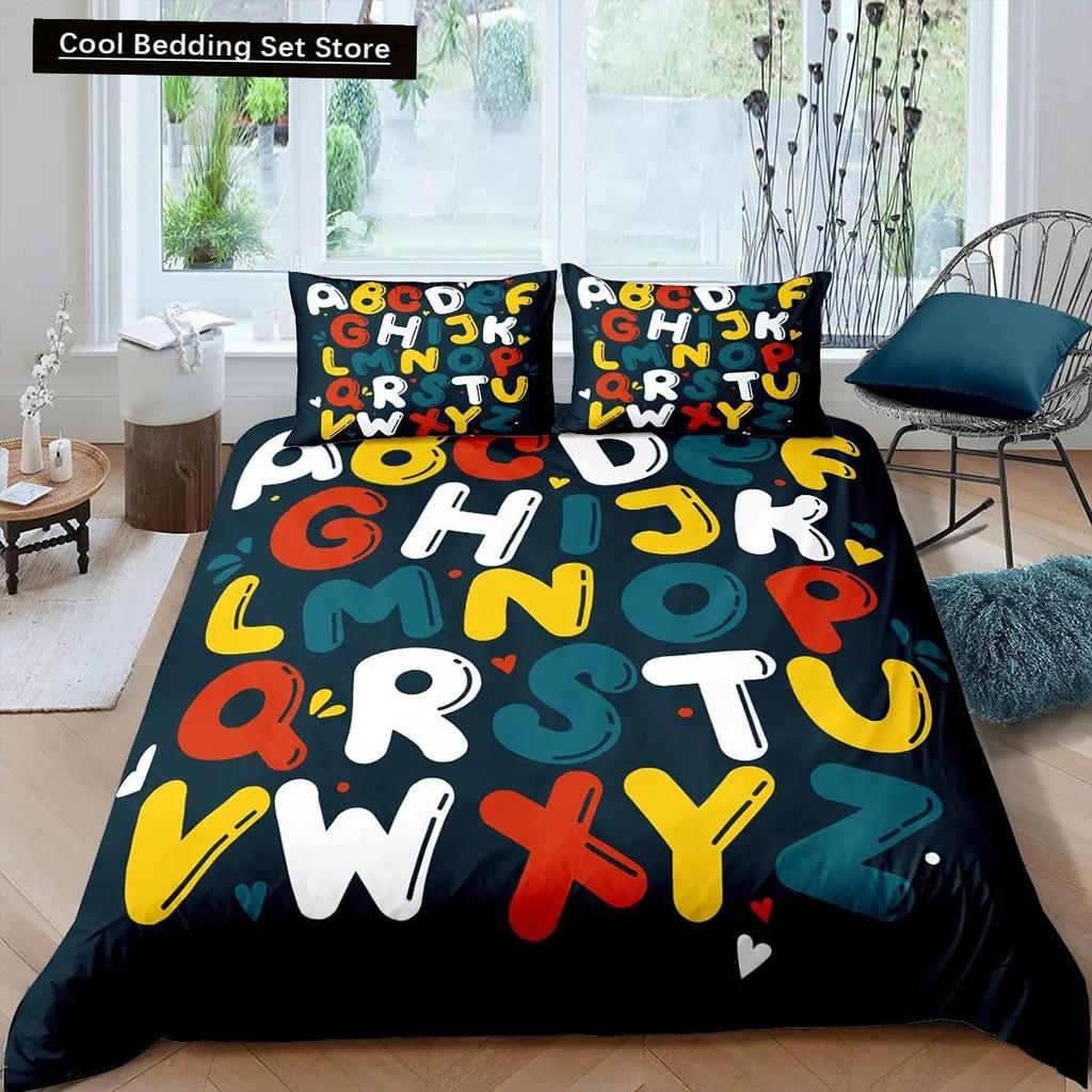 Comforter Cartoon Numbers King Queen Lovely Animals Bedding Set Kids Colorful English Alphabet 2/3Pcs Polyester