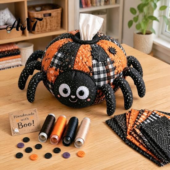Quilted Tissue Cover Pattern Box DIY Sewing Kit, Halloween Theme, Patchwork Fabric Craft Creative Gift for Her Set, Handicraft Cover, Home And Haunted