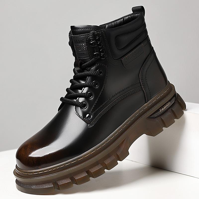 

Модные осенне-зимние кожаные высокие ботинки на платформе для мужчин, дизайнерские британские теплые бархатные мужские ботильоны, модная ретро мужская рабочая обувь 38