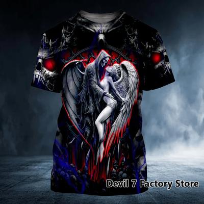 Letní oversized tričko Pánské 3D tištěná lebka Angel Grafika Trička Móda Oblečení Mužské topy Streetwear Kulatý výstřih Krátké rukávy