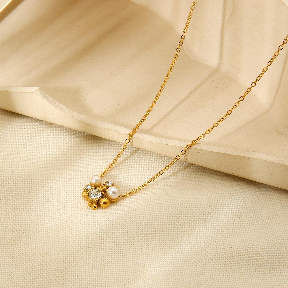 ins light luxury stainless steel special-shaped zircon imitation pearl flower pendant necklace plated with 18k gold stud earrings jewelry women