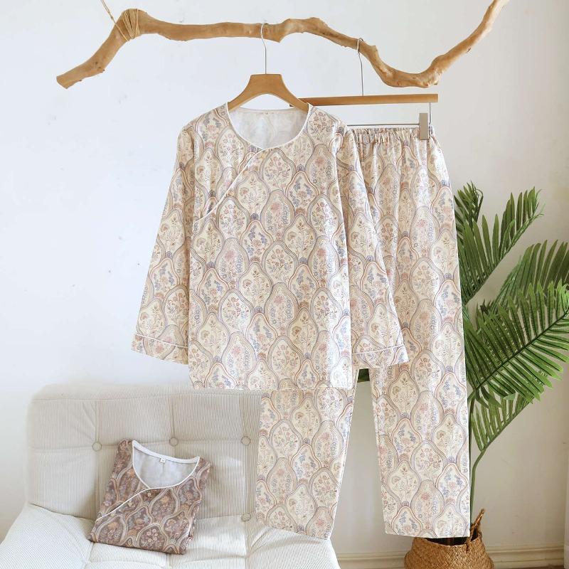 2026 New Women's Spring and Autumn Pajama Set 100% Cotton Gauze Ancient Style Pattern Soft Round Neck Long Sleeve Home Clothes
