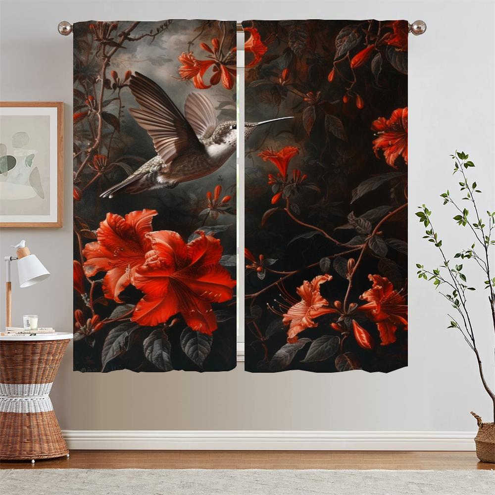 Hummingbirds and Red Flowers Curtains for Living Room Decoration Modern Home Decoration Blackout Curtain Tiebacks Curls Blinds