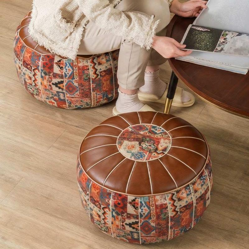 53x35cm Soft Bohemian PU Leather Pouf Embroidered Craft Storage Ottoman Footstool for Patio Decor