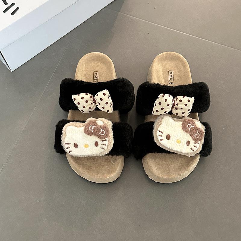 Милые мультяшные тапочки-бантики Hello Kitty, женские, новая коллекция осень-зима 2025, на толстой подошве, домашние, плюшевые, хлопковые, модные