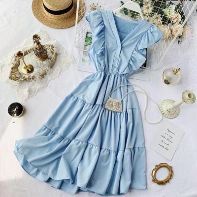 Fashion Ruffle Dress Women Sweet V Neck Sleeveless Pleated Dress Casual Summer Dress Vestidos