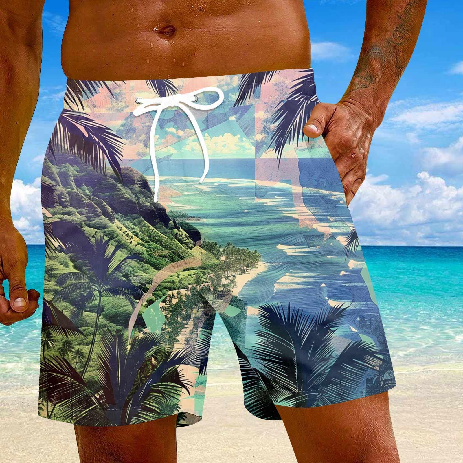 

Мужские модные гавайские принты с эластичной талией, повседневные штаны для йоги, пляжные шорты M синий