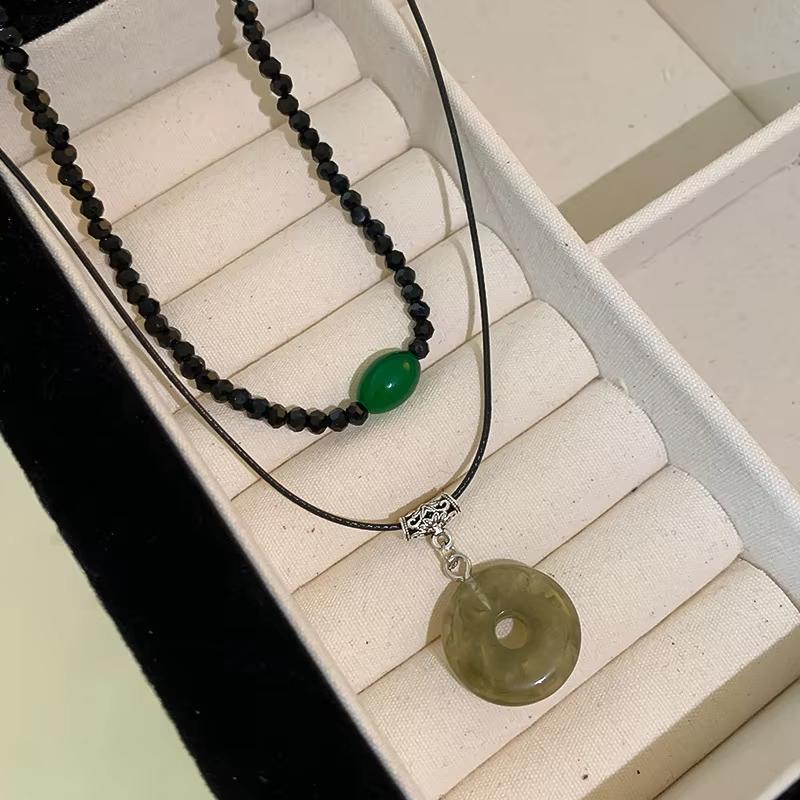 2 Stück Vintage Friedensschnalle Anhänger Halsketten Naturstein Perlen Ketten Choker Halskette Set Damen Herren Chinesischer Stil Schmuck