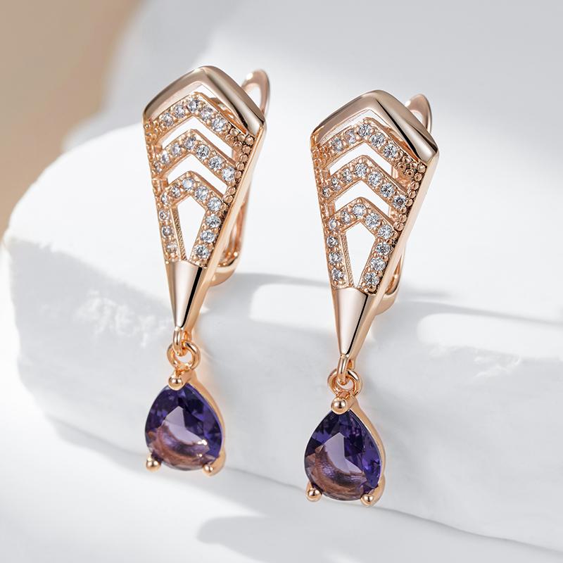 Shiny Purple Natural Zircon Drop Earrings For Women Trend  Rose Gold Color Bride Wedding Fine Jewelry Crystal Gift