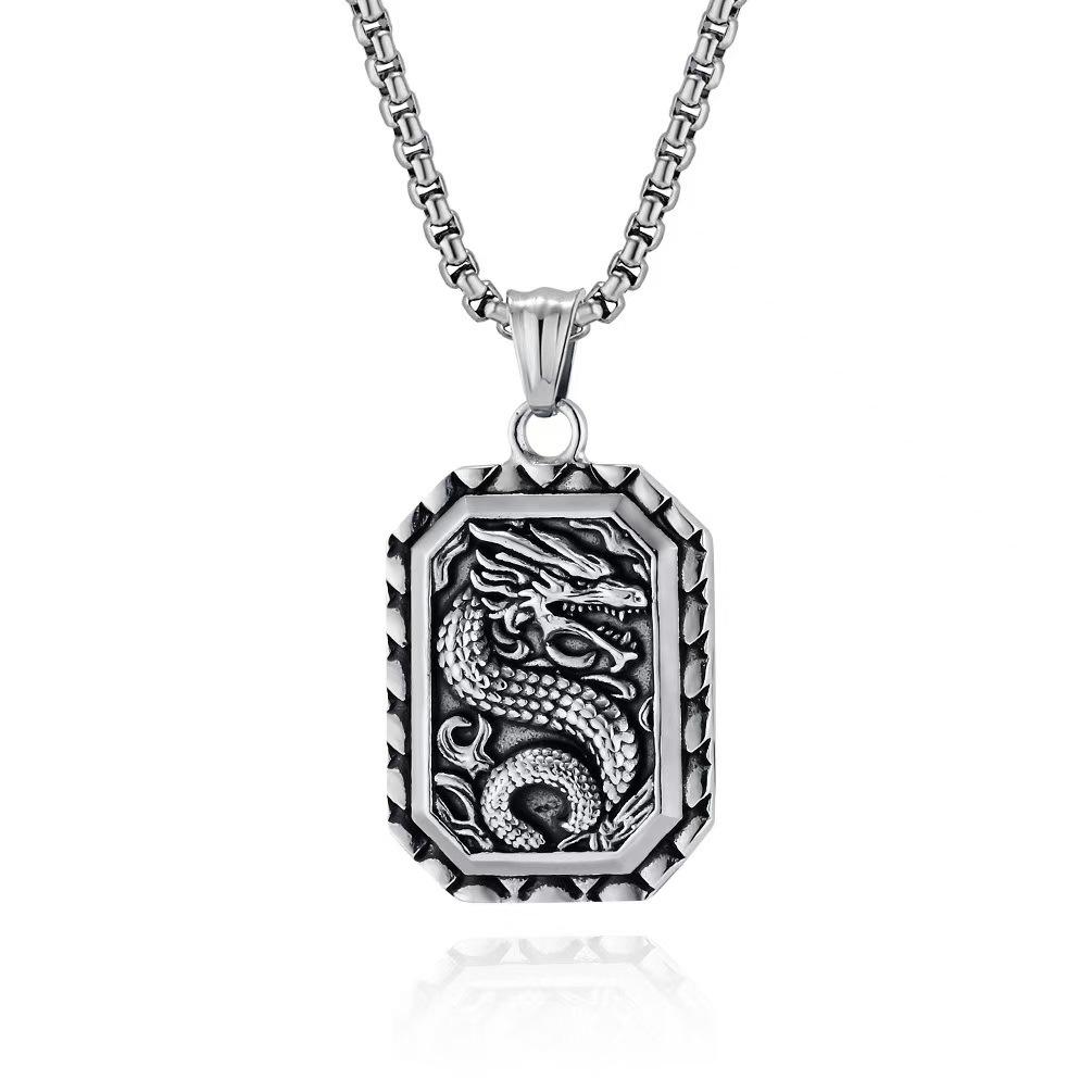 Cross Border Hot Selling Retro Dragon Necklace Square Brand Pendant Men's Women's Jewelry Spot Wholesale
