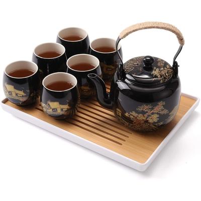 Japonská krásná asijská porcelánová čajová souprava, černá s 1 čajovou konvičkou, 6 čajovými šálky, 1 čajovým podnosem, 1 nerezovým sítkem pro dospělé