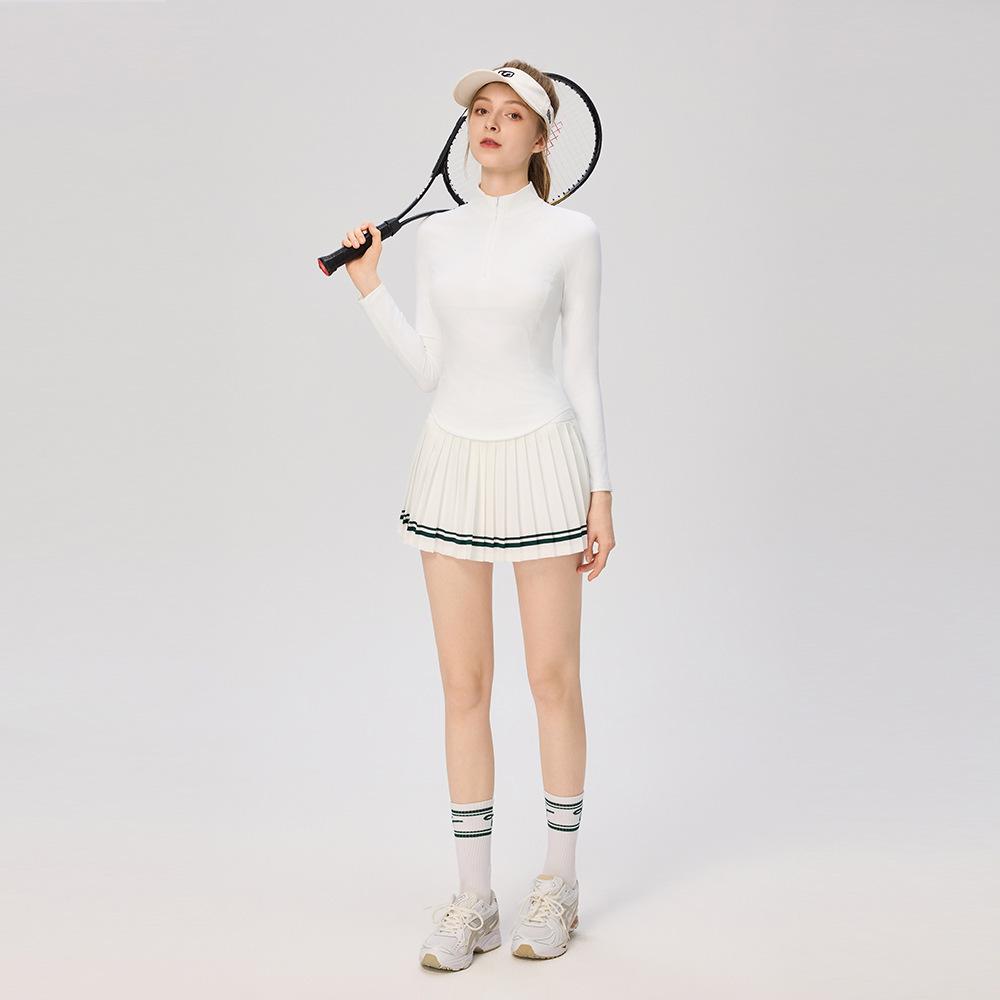 Women's Slim Fit College Style Tennis Set: Long Sleeve Top & Striped Pleated Skirt