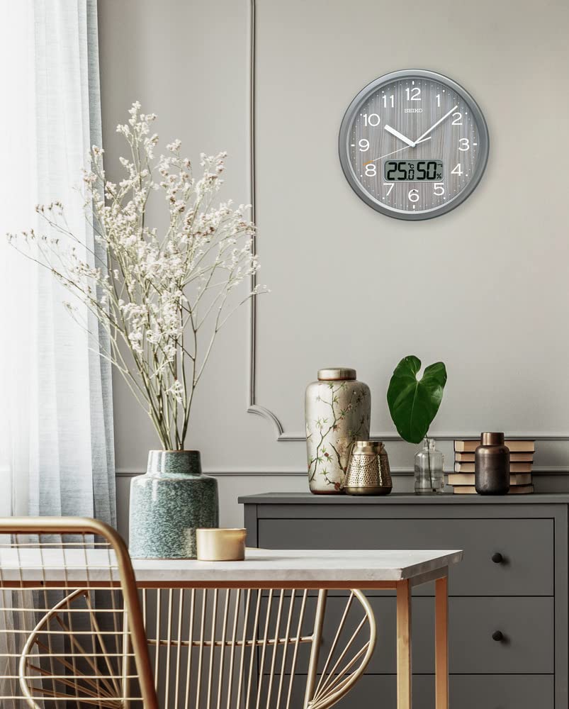 Seiko Clock Analog Wall Clock with Temperature and Humidity Gray 311 x 51mm Eligible for a Extended KX273N, Radio-Controlled Monitors, Metallic,
