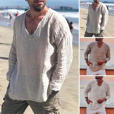Men V-neck Long Sleeve Casual Shirt Tops Burr Edge Pleated Solid Color Loose Fit Thin Pullover Tops Streetwear