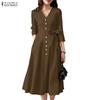 ZANZEA Women Casual V-Neck 3/4 Sleeve Loose Dress
