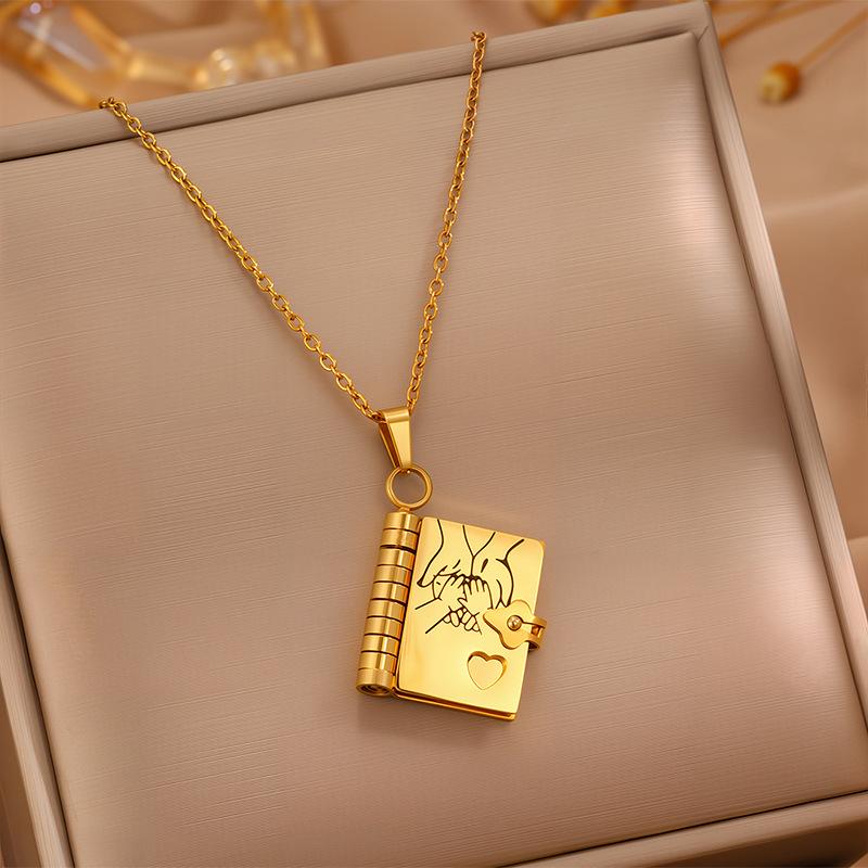 Openable Daughter Book Necklace Stainless Steel Gold Color Message Mini Book Pendant Necklace with Pages of Engraved Information
