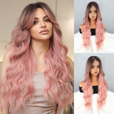 Long Wavy Pink Wig With Bangs Synthetic Fiber Super Natural Wavy Wig For Women Party Daily Wear Wig