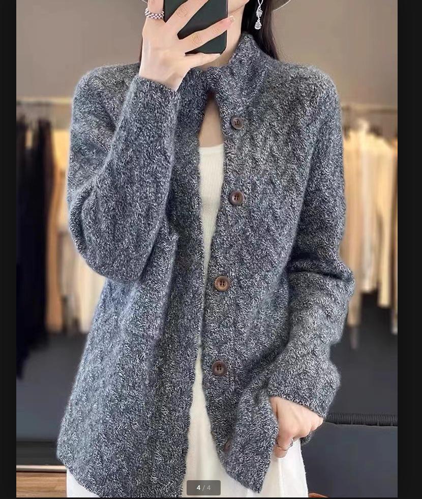 

Женский кардиган свитер крупной кабельной вязки со стойкой - Европейский стиль, Длинный рукав, Свободный крой, Однотонный, Шерсть L