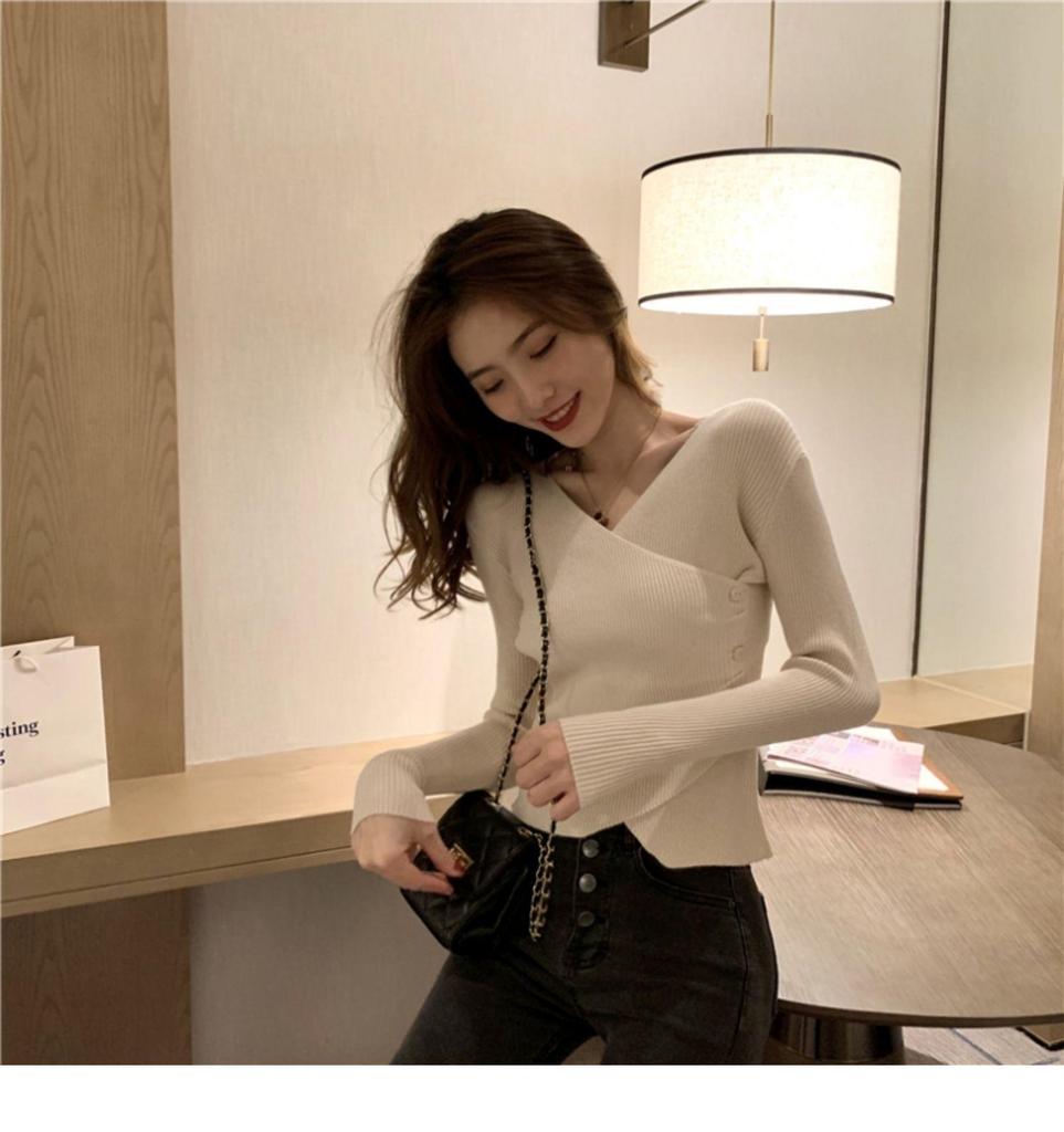 Damen V-Ausschnitt Slim Fit Langarm Strickpullover - Herbst/Winter 2025 Koreanischer Stil