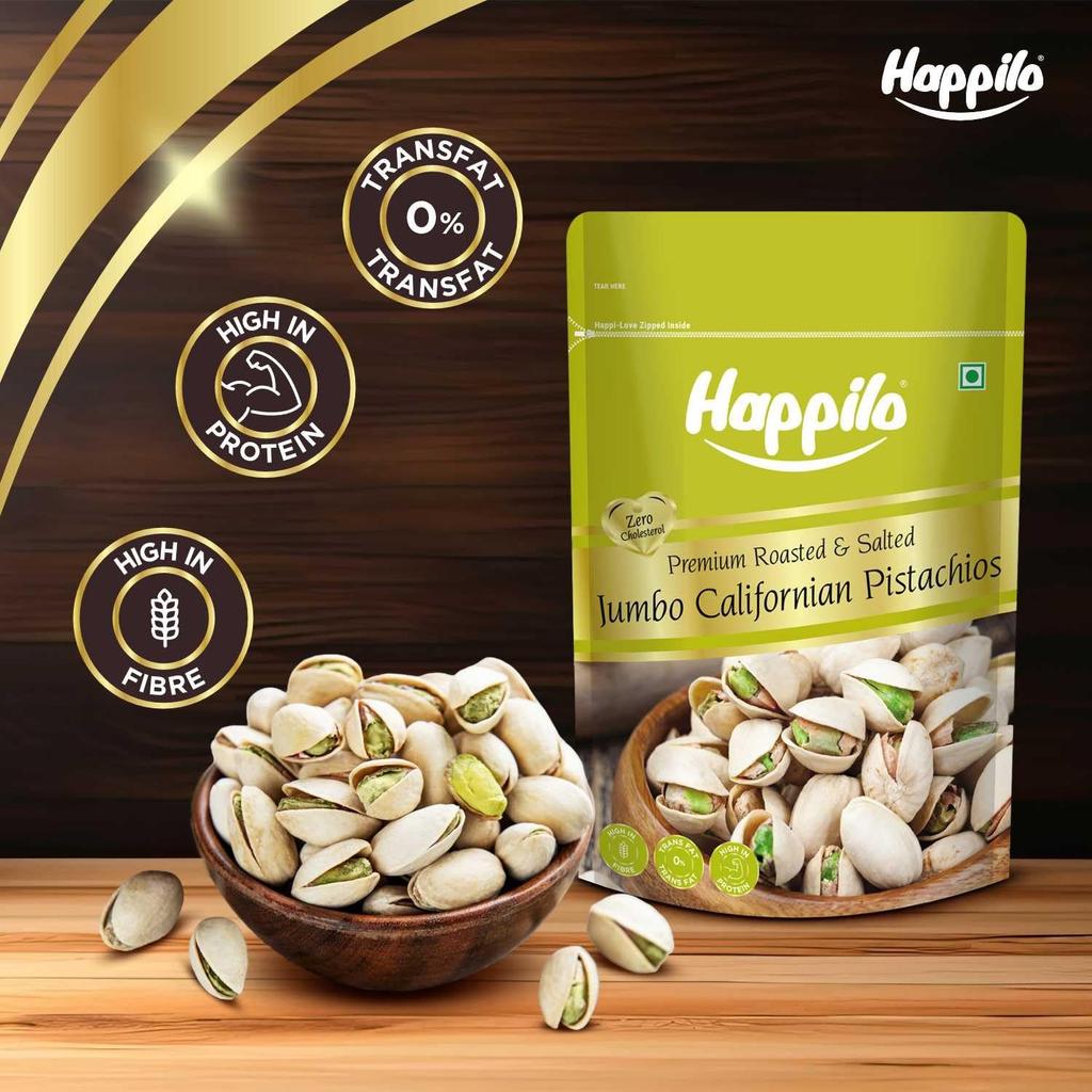 Фисташки жареные соленые (200 г), Premium Roasted & Salted Jumbo California Pistachios,  Happilo