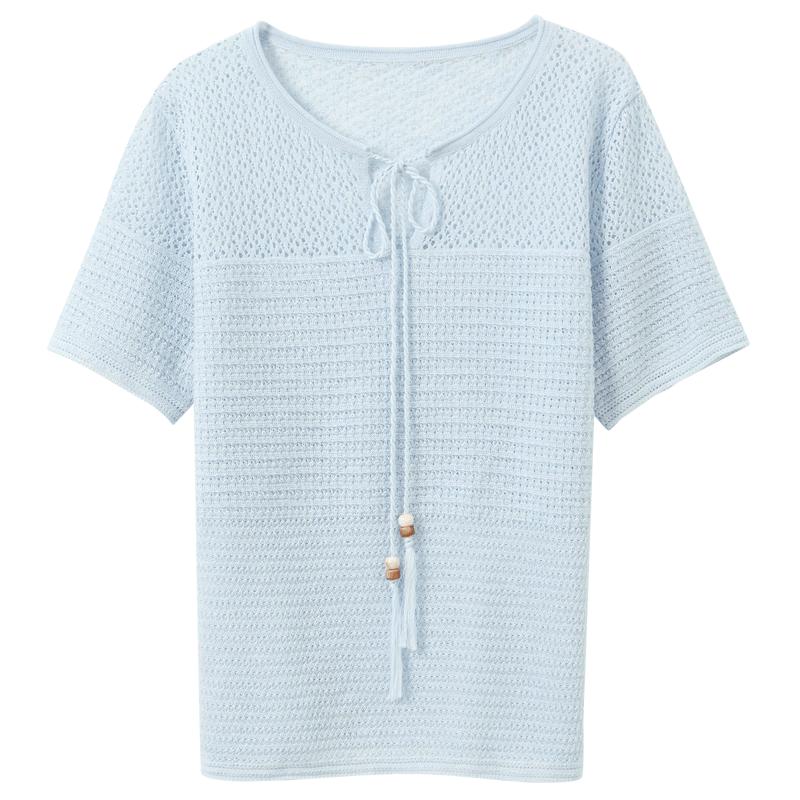 Sancai 2026 Summer Tie-Neck Hollow-Out Knit Short-Sleeve Top M