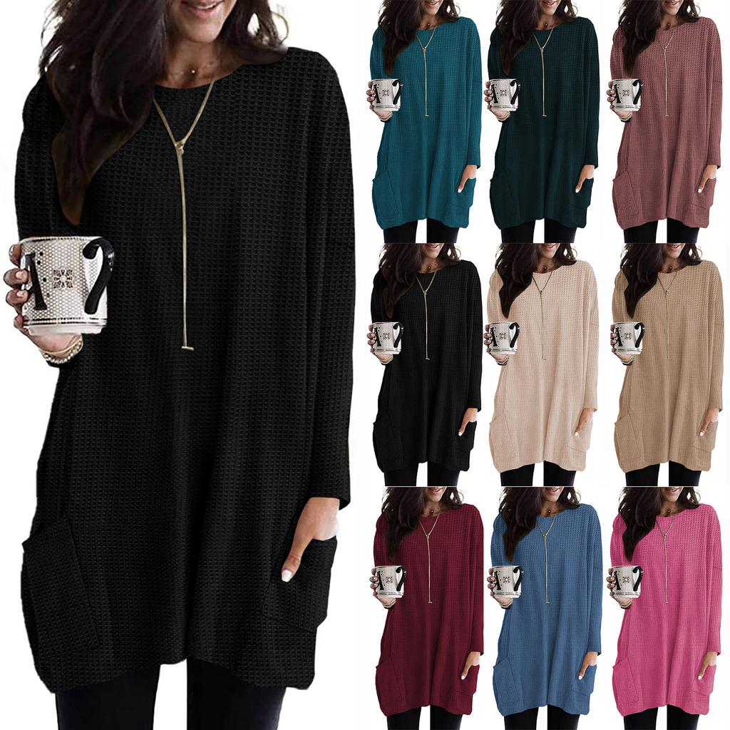 Dame Mote Rund Hals Lomme Mellomlang Casual Ensfarget Langermet Topp