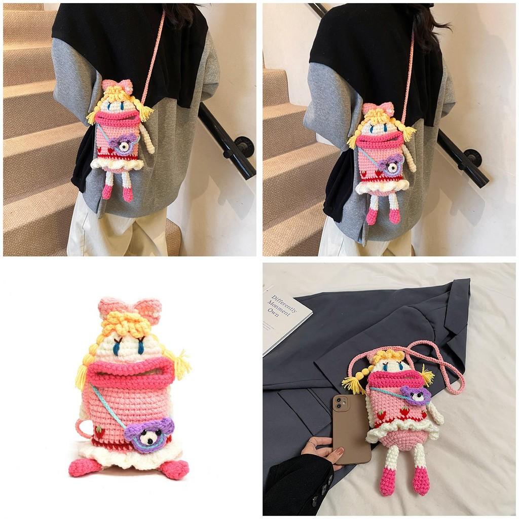 Cute And Comfy Pink Knitted Crossbody Bag For Children Featuring Cartoon Characters
