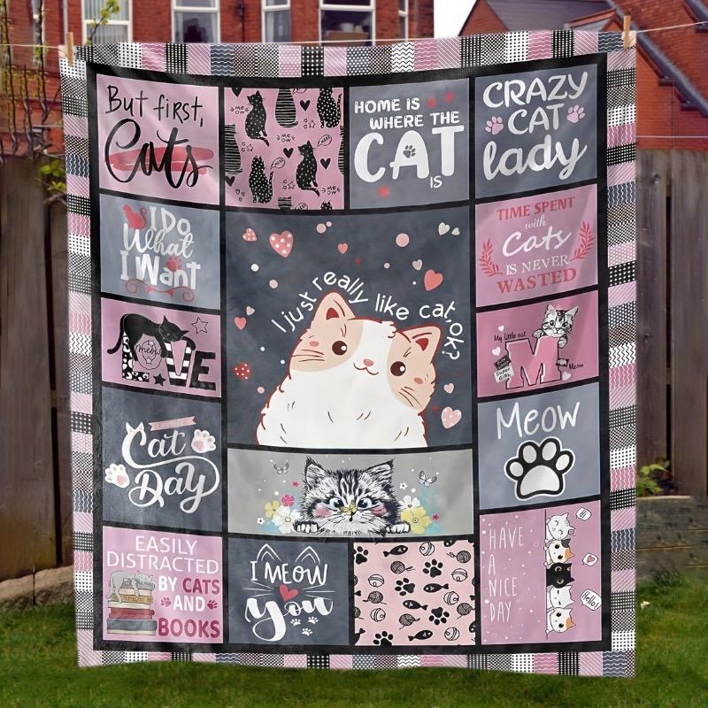 A Small Wooden House Style Flannel Blanket with a Cat Theme - Comfortable and Soft All Season Knitted Flannel